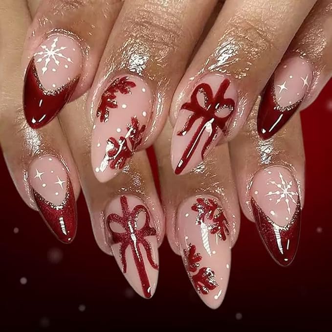 2 Packs 48Pcs Christmas Press on Nails Short Almond Fake Nails Red Snowflake Acrylic Candy Stripe Glitter Designs French Tip Nails Winter Xmas Glue on Nails Kid Set for Women Girls Decoration