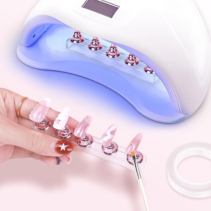 JUSTOTRY 2 Sets Pink Nail Painting Practice Stand With 1M Double-sided Tape Acrylic Fake Nail Art Holder For Press Ons Magnetic Nail Display Design Tools Kit Accessories For Home Diy Salon Supplies