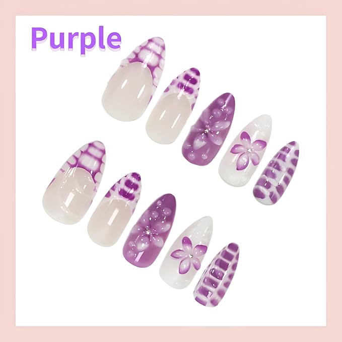 Purple Flower Press on Nails Long Almond Fake Nails French Tip Nails Press Ons Purple False Nails with Rhinestones Design Glossy Stick on Nail Spring Acrylic Glue on Nail for Women Set 24Pcs