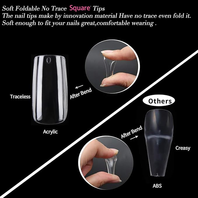 UNA GELLA Medium Square Nail Tips, 504pcs Square Gel Nail Tips 12 Sizes Full Cover Acrylic Clear Fake Nails for Nails Extension Salon Home DIY Art
