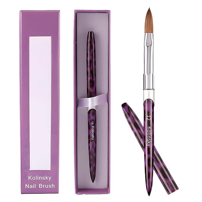 Acrylic Nail Brush Size 12, 100% Kolinsky 3D Art Nail Brush with Purple Leopard Print Metal Handles, Art Design Powder Nail Brush Pen for Nails Extension & Carving, Acrylic Application Tools