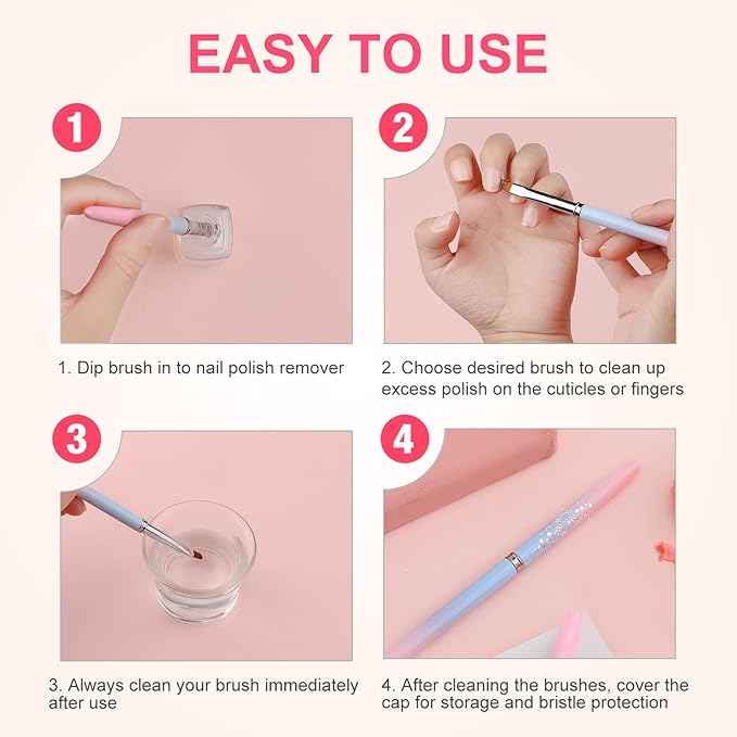 2pcs Nail Art Clean Up Brushes, Painting Brushes for Nails with Round & Angled Head Pen Painting Tools for Nail Art Design & Polish Mistake Cleaning