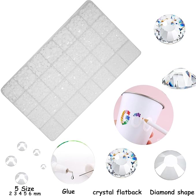 22000pcs Resin Rhinestones for Bedazzling, Pure White 2mm 3mm 4mm 5mm 6mm Flatback Beads, Non-Hotfix SS8 SS10 SS16 SS20 SS30 Gems for Crafting with 15ml Glue for DIY Crafts Nails