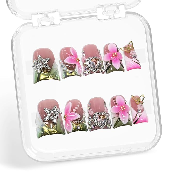 Handmade Gradient Flower Press on Nails Short Duck Fake Nails Muti-Layer Gel Stick on Nail with Luxury 3D Flower & Rhinestone Designs French Tip Fake Nails Art Acrylic False Nails for Wome (Size M)