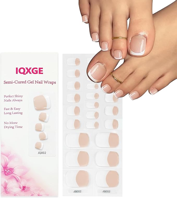26 Pcs Semi Cured Gel Toe Nail Strips White French Tip Gel Nail Stickers Full Cover Nails Wraps Nude French Toe Nails Polish Strips Stickers for Women UV/LED Light Required