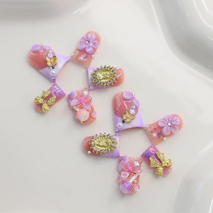 10Pcs Handmade Acrylic Press on Nails Short Duck Fake Nails with 3D Flower Butterfly Bow Rhinestone Design Purple French Tip False Nails Handmade Duck Nails Press ons Spring Flower Nail for Women (S)