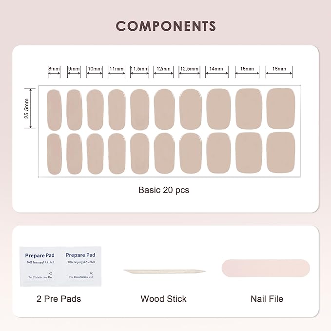 Semi Cured Gel Nail Strips – Real Gel Nail Polish Wraps for Brittle Nails | Waterproof Long Lasting Easy Peel-Off Removal | Hema-Free | 20-Piece Nude Salon Sticker Kit with UV Light