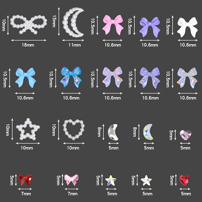 HNUIX - Bows Nail Charms, Multi Shaped, Colored 3D Bows, White Star Heart Moon Cute Nail Gems, Pearls & Rhinestones, Includes Tweezer & Pickup Tool