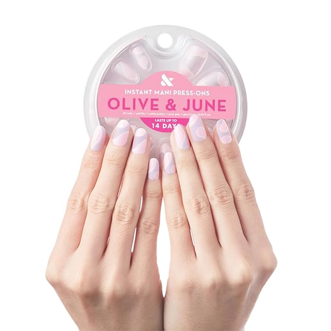 Olive & June Instant Mani Press-On Nails (Glue) | 42 Fake Nails, 21 Sizes | Non-Toxic, Long-Lasting Recycled Materials Realistic Look | Spring Flowers & Patterns | Short, Round | Groovy Swirl