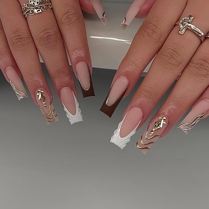 Brown Press on Nails Long Square Fake Nails French Tip False Nails Press ons Fall Stripes Acrylic Nails Matte Full Cover Stick on Nail for Women Manicure Deco 24Pcs