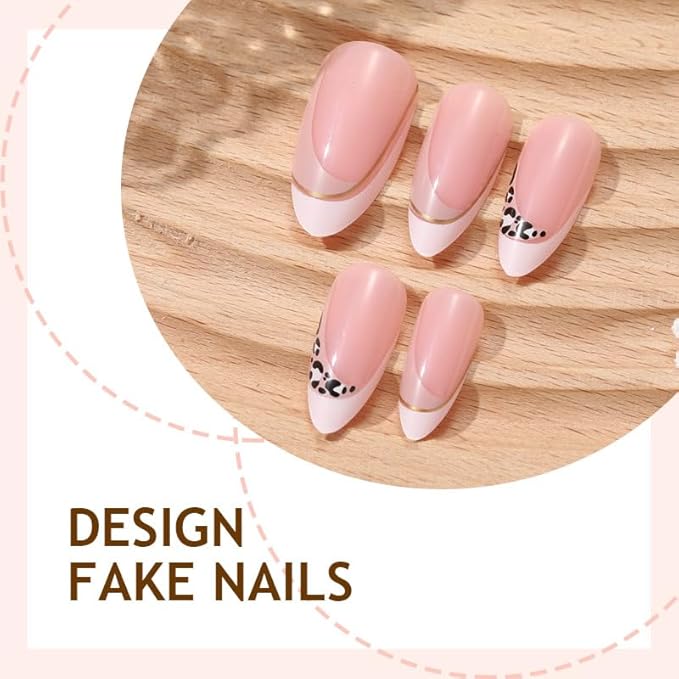 French Tip Press on Nails Medium Almond Fake Nails with Leopard Stripes Line Designs False Nails Nude Reusable Artificial Acrylic Nail Glossy Full Stick on Nails for Women Girls Manicure Deco