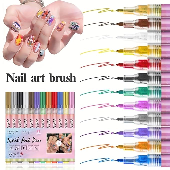 12-Color 3D Nail Art Pen Set with 0.7mm Ultra-Fine Flexible Tip for Professional Dotting Lining Gradient and Floral Design DIY Manicure Tools Perfect Valentine's Day Gift