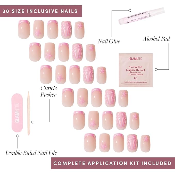 Glamnetic Press On Nails - Blush Dunes | Short Squoval Fake Nails with Pink French Tips and 3D Accents, Salon Quality Summer Nails | 15 Sizes - 30 Nail Kit with Glue