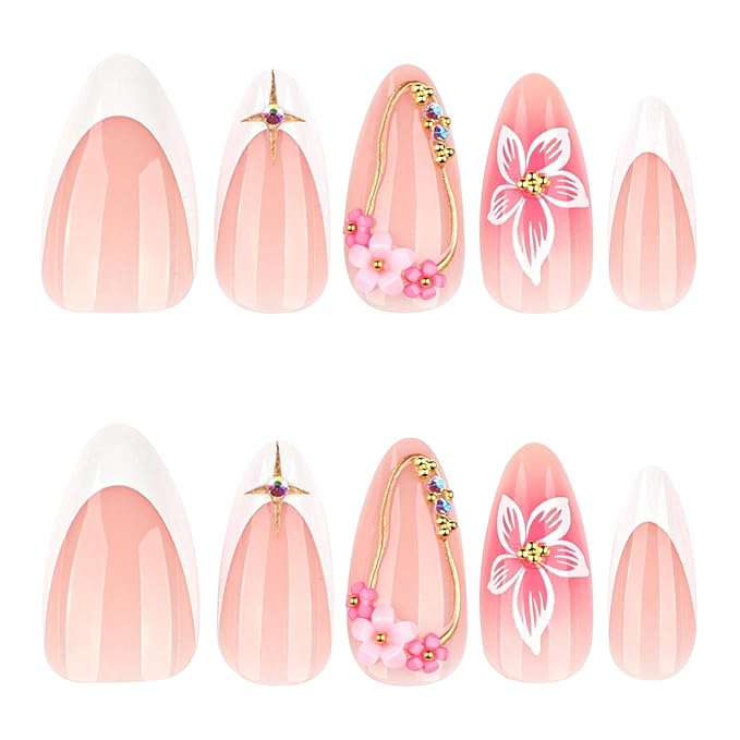 Press on Nails Almond - Medium Fake Nails with Flower Design - Gold Line, White French Tip False Nails - for Women 24 Pcs