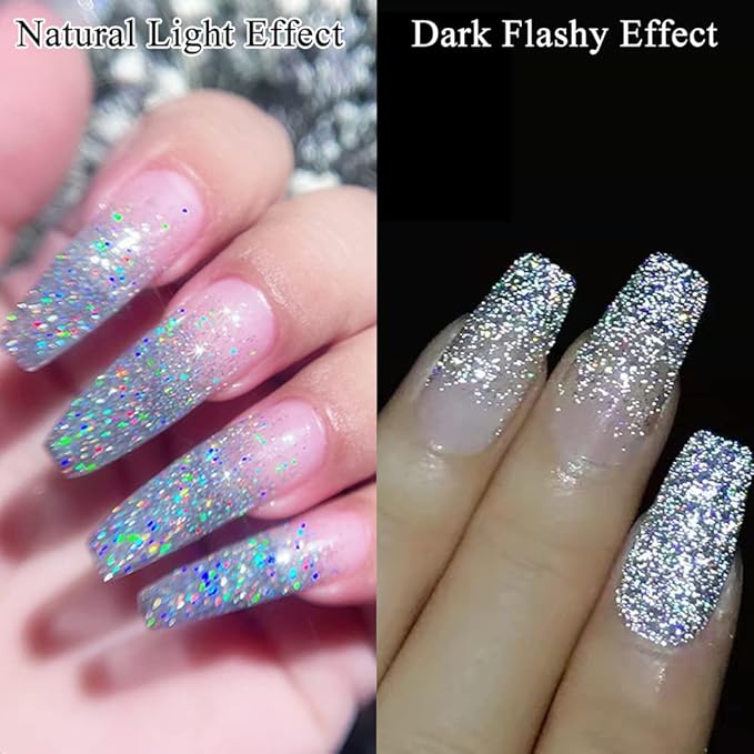 MIZHSE Glitter Gel Polish, Silver Sparkle Gel Nail Polish Diamond Disco Reflective Glitter Gel Polish Soak Off U V Nail Art Varnish Manicure Home DIY 10ml