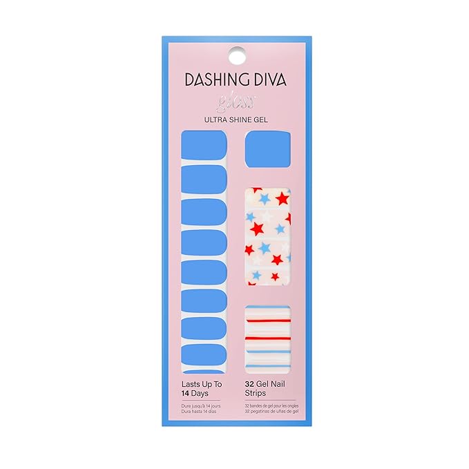 Dashing Diva Patriotic Gloss Nail Strips - Blue Jean Baby - UV Free, Chip Resistant, Long Lasting Gel Nail Stickers - 3-Piece Manicure Set - Contains 32 Wraps, 1 Prep Pad, 1 File