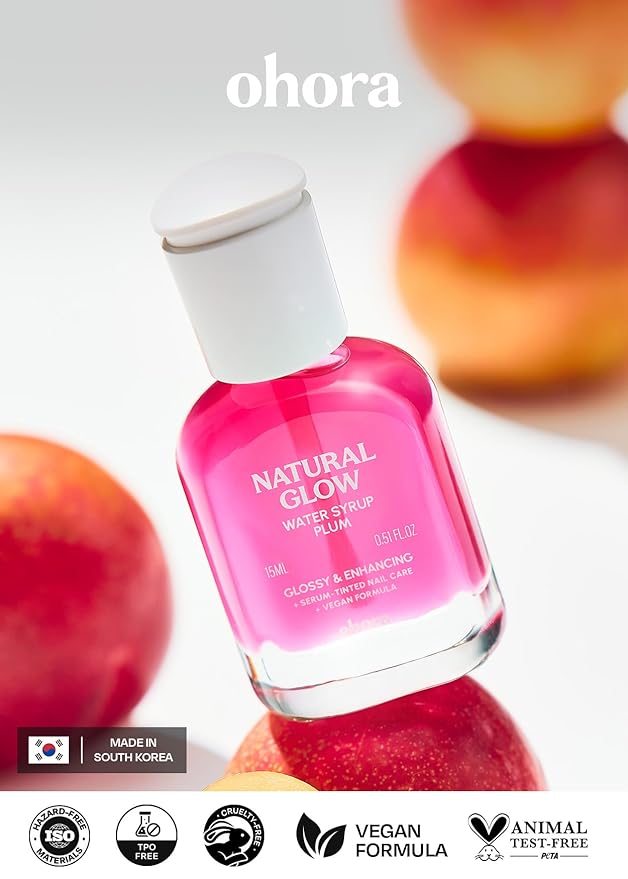 ohora Natural Glow Water Syrup Nail Strengthener (Plum) - Tinted Nail Hardener for Brittle, Damaged Nails, Quick-Dry Glossy Finish, Nail Repair & Growth, 15 mL