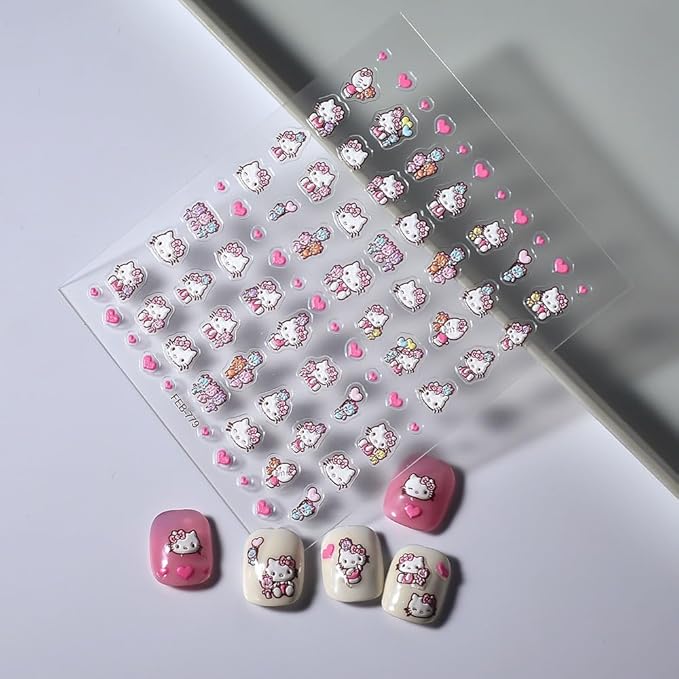 Pink Nail Stickers 5D 3D Embossed Kawaii Japanese Nail Art Sticker Decals for Women Girls Kids DIY Self Adhesive Nail Stickers Cute Pink Nail Decoration for Manicure Design