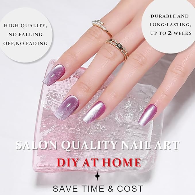 evpct Purple Cat Eye Coffin Press on Nails Square Medium, Medium Square Stick on Nails for Women Gift, Lavender Purple Metallic Glitter Glossy Reusable Summer Press on Fake Nail with Designs, 24Pcs