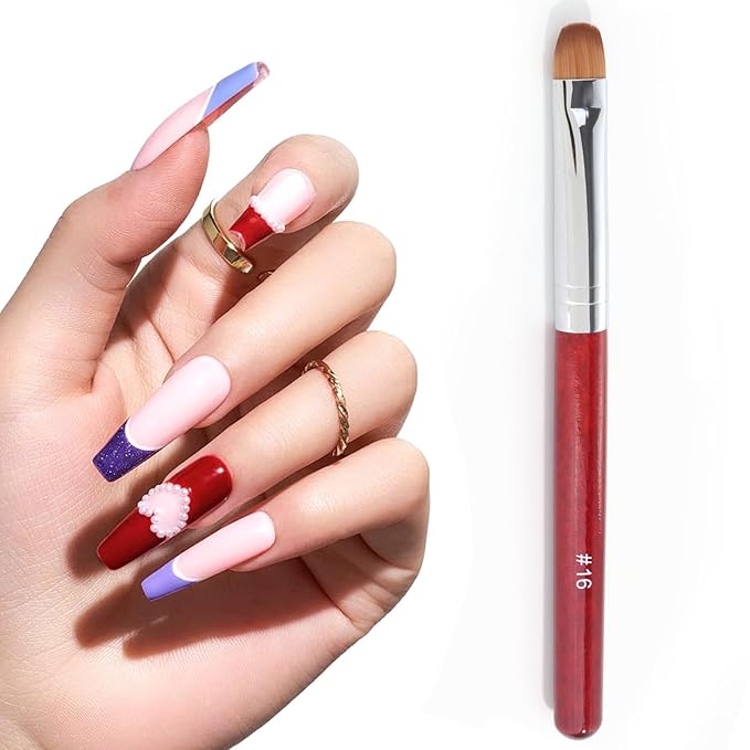 French Manicure Clean-Up Brush, French Gel Acrylic Nail Art Kolinsky Brush for Professional Manicure Cuticle Clean Up Nail Art Design, Red Wood Handle (16#)