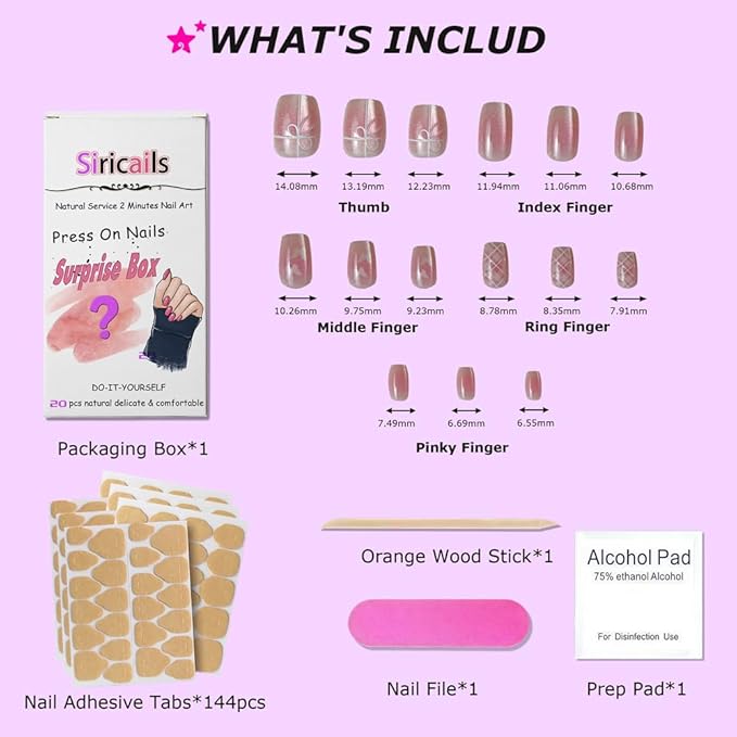 Press On Nails Surprise Box, Mystery Pack of Various Options, Patterns and Nail Types, Reusable,15 Sizes - 30 Nail Kit with Storage Box, Mini File, Manicure Stick, Prep Pad, Nails Adhesive Tabs