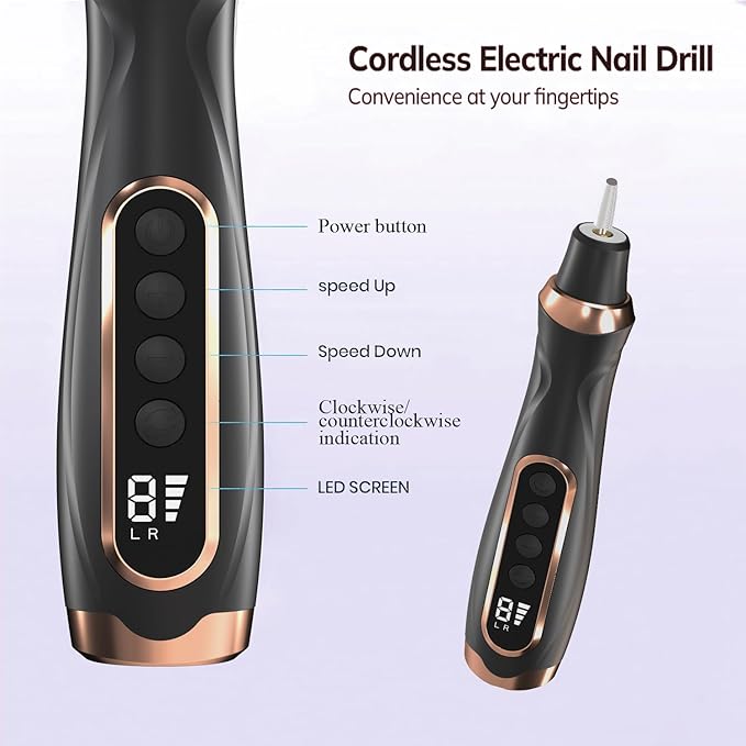 Professional Manicure Pedicure Kit Cordless Electric Nail File Set 6 Speed Cordless Nail Drill for Thick Nail Toenail Cuticle Hand Foot Care Nail Drill Tool(Black)