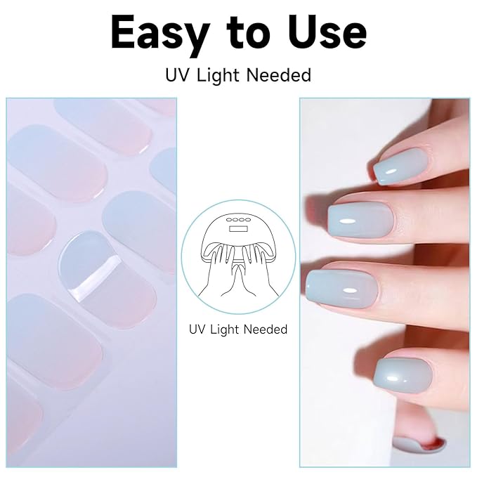 Semi Cured Gel Nail Strips, 28 pcs Gel Nail Stickers Work with Any UV Lights, Long-Lasting Nail Wraps, Stick on Nails for women Easy to Apply & Remove