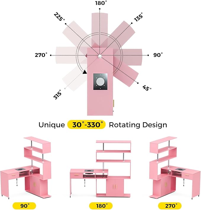 Manicure Table Nail Desk with Stool, L-Shaped Nail Tech Desk with Dust Collector, Two-Way Drawer, Cabinet & Storage Shelves, Rotating Reversible Manicure Workstation on Wheels (Pink)