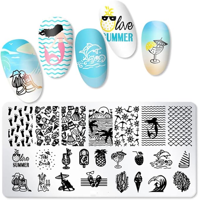 6pcs Seaside Scenery Nail Stamping Plate Nail Stamping Kit for Nails Summer Beach Coconut Trees Sunset Waves Sea Animals Image Plates Nail Stamper Kit