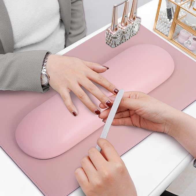 Nail Arm Rest Pillow and Mat Luxury Salon Manicure Armrest Cushion Nail Art Hand Holder Manicure Hand rest Cushion Pad Tool for Nail Tech Manicurist (With Mat, Pink)