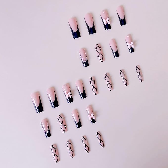 Square Press on Nails Long Nude Fake NailPink Bows Acrylic Nail Press ons Stick on Nails for Women 24pcs