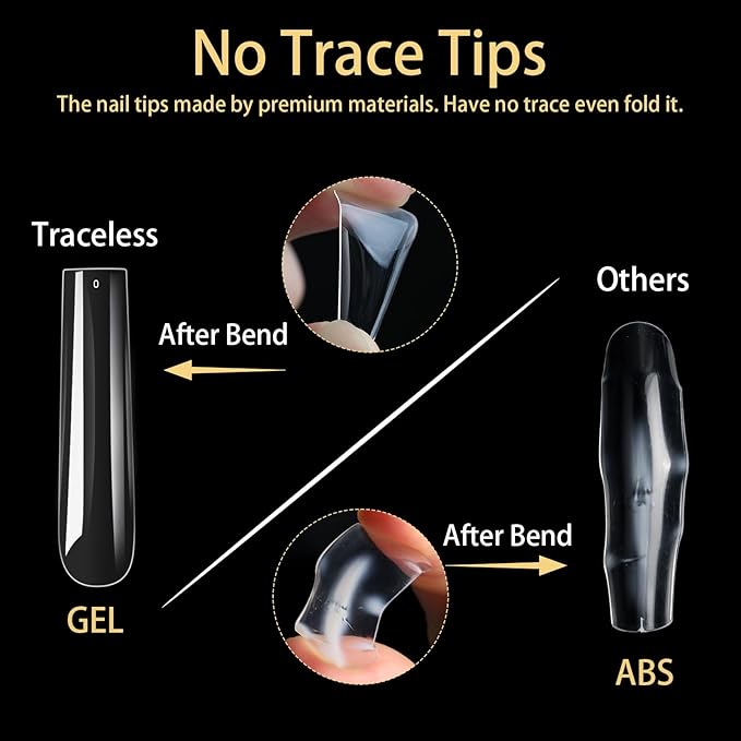 Long Square Nail Tips, 240Pcs Full Cover Soft Gel Nail Tips Pre-shaped 3XL Straight Shape Clear Acrylic False Nail Fake Nail Extension Press On for Salon Home DIY 12 Sizes