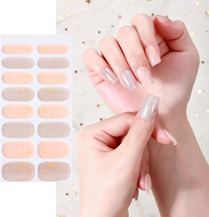 16pcs Gel Nail Strips - Nail Wraps Kit for Women Girls, No UV Light Needed, Natural Looking Manicure Full Cover Fake Nails Short Art Decor(Golden Stars and Moons)