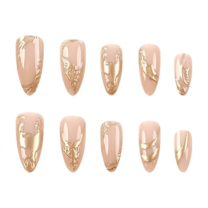 Almond Press on Nails Gold Stripes Fake Nails Medium False Nails Glossy Nude Acrylic Nails Golden Metal Chrome Glue on Nail Full Cover Stick on Nail for Women Girls Manicure 24Pcs