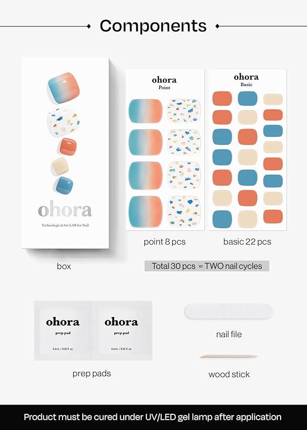 ohora Semi Cured Gel Pedi Strips (P Before Sunset) - Blue/Orange, Pattern, Works with UV/LED Lamps, Salon-Quality, Long Lasting, Easy to Apply & Remove - Includes 2 Prep Pads, Nail File & Wooden Stick