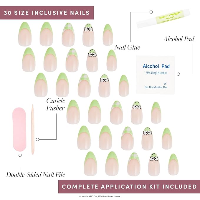 Glamnetic x Hello Kitty® and Friends Press On Nails - Keroppi™ | Green French Tip Short Almond Graphic Nails in a Glossy | 15 Sizes - 30 Nail Kit with Glue