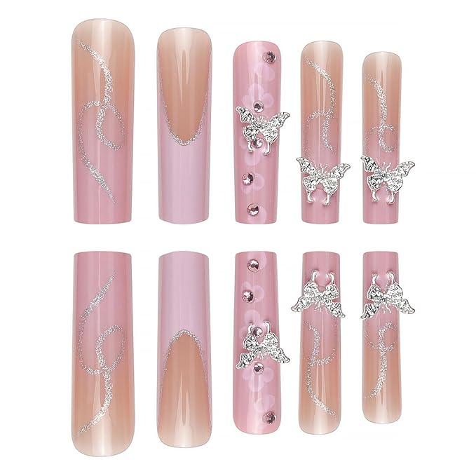 24Pcs Long Square Press on Nails Pink French Tip Fake Nails Silver Rhinestones with Flower Full Cover Tips Glue on Nails Artificial Acrylic False Nails Butterfly Charms Design for Women Manicure DIY