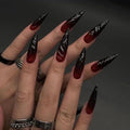 Ombre Red to Black Press on Nails Long Almond, Long Almond Glossy Stick on Nails Press ons for Women with Manicure Kit, Reusable Acrylic Soft Gel Stick on Fake Nail with Ombre Designs Perfectly Fit
