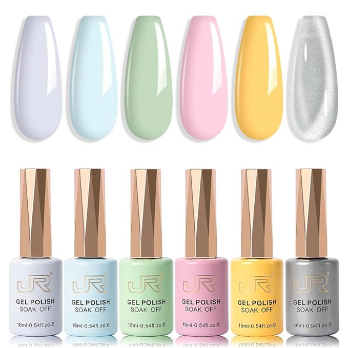 JR Gel Nail Polish Set, 16ml Full Size Bottle 6 Colors Macaron Silver 9D Cateye Nail Gel Polish Gift Soak Off Led Nail Art Kit Salon DIY Colorful Bottle C