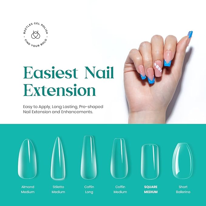 Beetles Medium Square Nail Tips, 500Pcs Nail Kit Medium Square Pre Shaped Clear Full Cover False Nails for Gel Art Polish Soak Off Lamp Nail Extensions Acrylic Press on Nail Tips