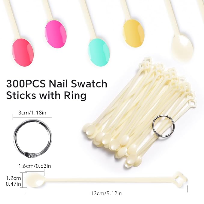 300 Tips Nail Swatch Sticks with Metal Split Ring Fan-shaped Display Nail Practice Sticks Nail Sample Swatches for Nail Art Polish Practice Nail Color Display (Beige Spoon Shaped)