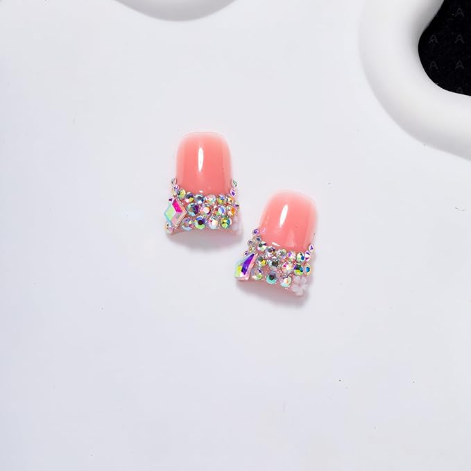 10 Pieces Luxury Y2K Acrylic Press On Nails Short Handmade Duck Nails, Yellow Thickened French False Nails With Bling Rhinestones, Reusable Fake Nails, Acrylic Nails (S)