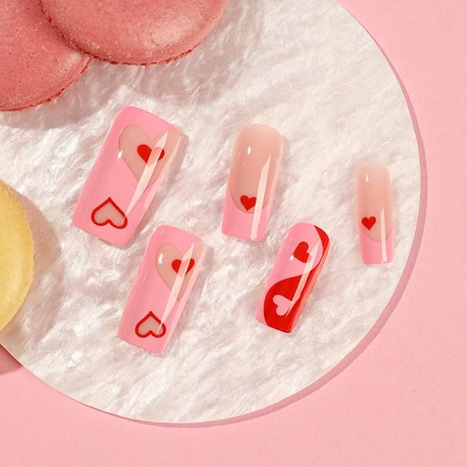 Coffin Press-on False Nails Medium Heart Pink French Tip Glossy Acrylic Nails 24 Pcs