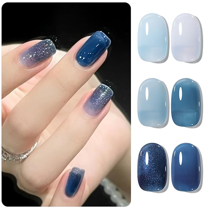 Born Pretty Jelly Blue Gel Nail Polish Set 6 Colors Translucent Light Baby Royal Blue Reflective Glitter Nail Gel Kit Soak Off Nail Art Manicure Design Home Salon Holiday Gift