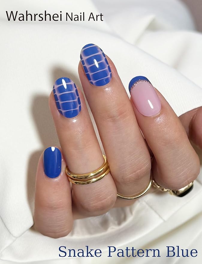 Semi Cured Gel Nail Strips, 20pcs Snake Pattern, Blue Gel Nail Stickers for Home Nails DIY