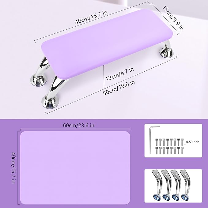 Nail Arm Rest for Acrylic Nails with Nail Table Mat, Microfiber Leather Nail Hand Rest Cushion for Nails, Soft Hand Pillow Footstool with Foldable Nail Art Hand Rest Pad for Nail Tech Use (Purple)