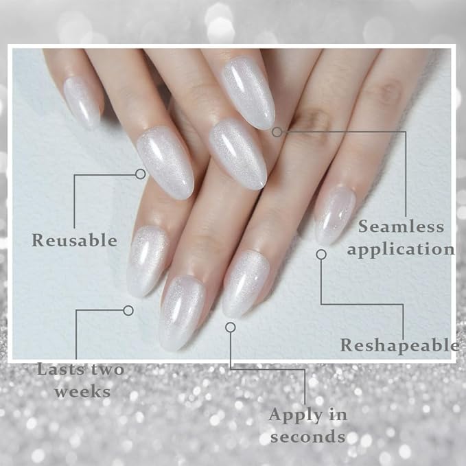 evpct Cat Eye Press on Nails Almond Short, Cat Eye Stick on Nails Press on, Pearl White Glitter Short Almond Press Stick on Nails, Fake Nails Press ons with Kits, 30Pcs Reusable Acrylic Fake Nails Kit