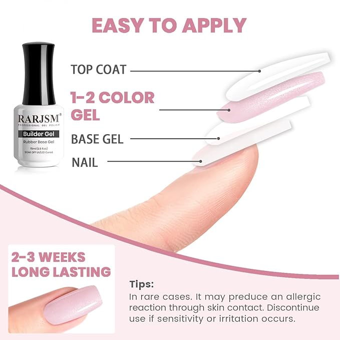 RARJSM Nude Rubber Base Gel Nail Polish Pale Pink Sparkle Silver Glitter Sheer Rubber Base for Nails Brush on Quick Extend Builder Hard Gel Soak Off Curing Requires 15ml Salon Home French Manicure