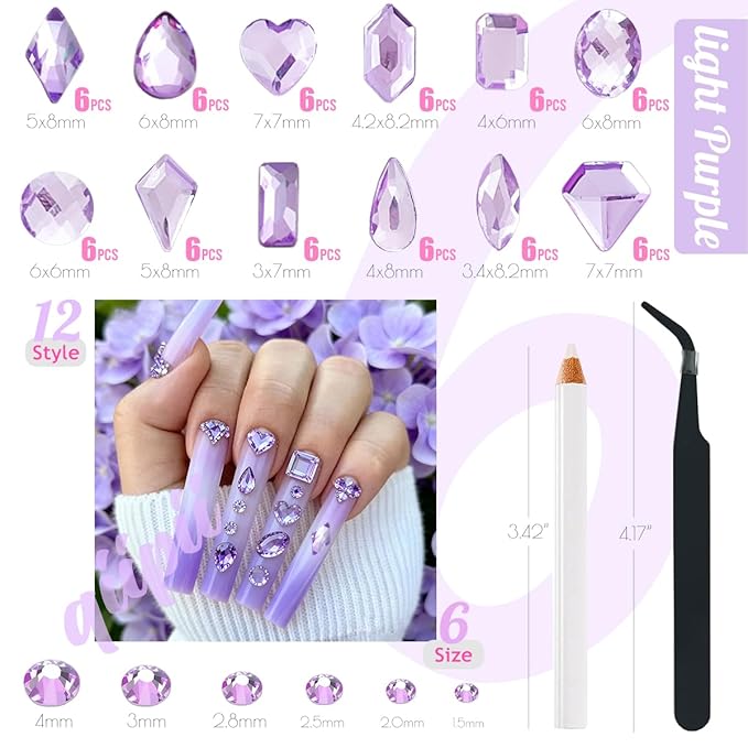 2052Pcs Amethyst Purple Nail Rhinestones Glass Light Purple Rhinestones for Nails 72 Multi Shapes Big Gems +1980 Flatback Round Beads Crystals Diamonds Jewels Nail Art Charms for Faces Makeup