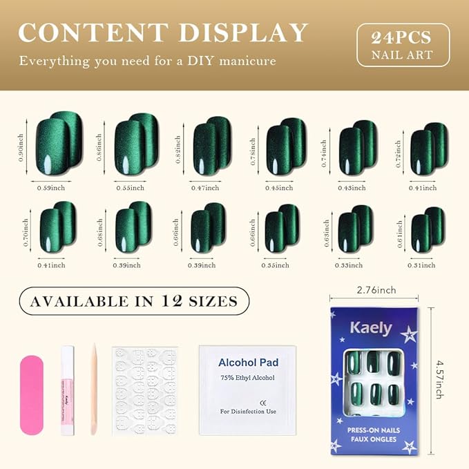 evpct Dark Emerald Green Metallic Cat Eye Press on Nails Square Medium, Stick on Nails Medium Length Square for Women, Green Metallic Nail press ons, Iridescent Glitter Acrylic Fake Press on Nail